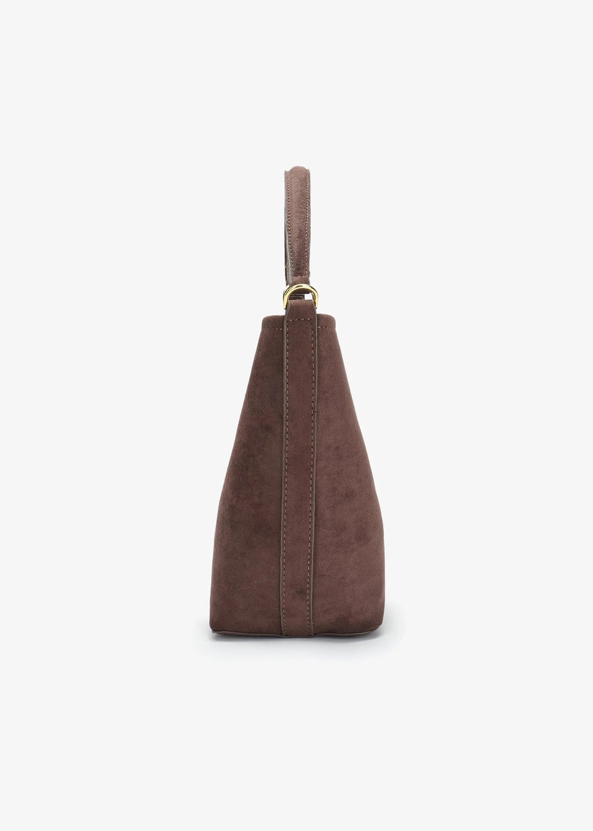 Brown handbag with a gold clasp on a white background