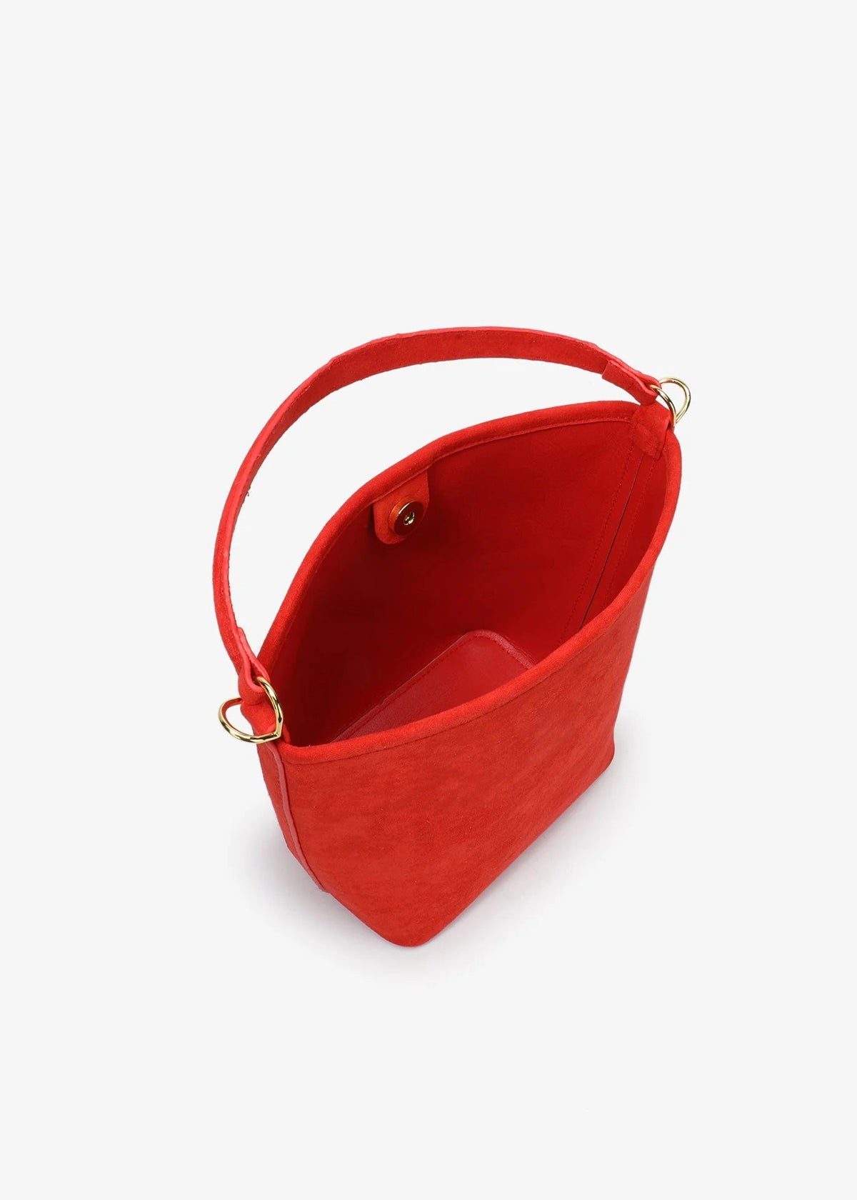 Red handbag with gold accents on a white background