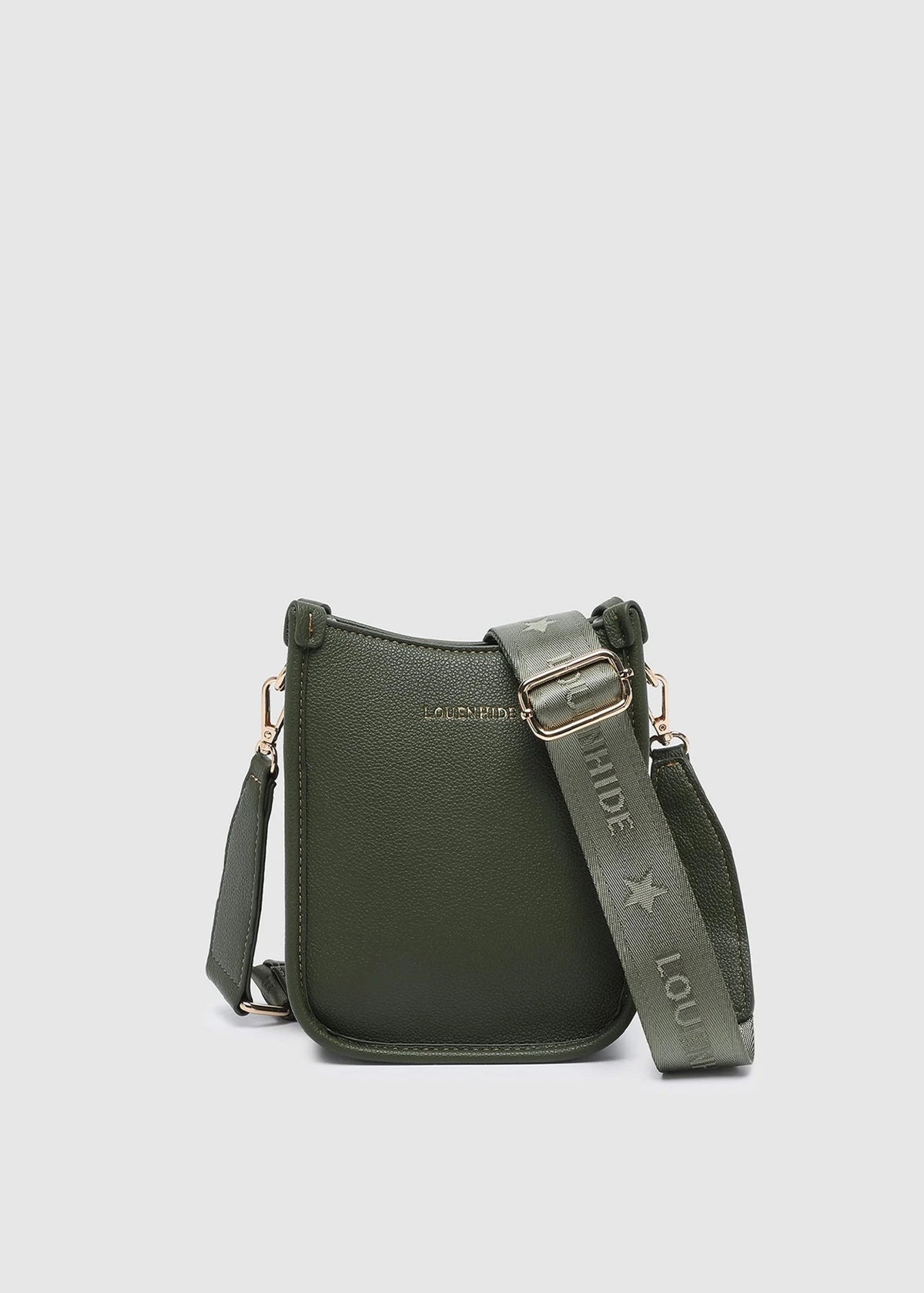 Green handbag with a strap on a light gray background