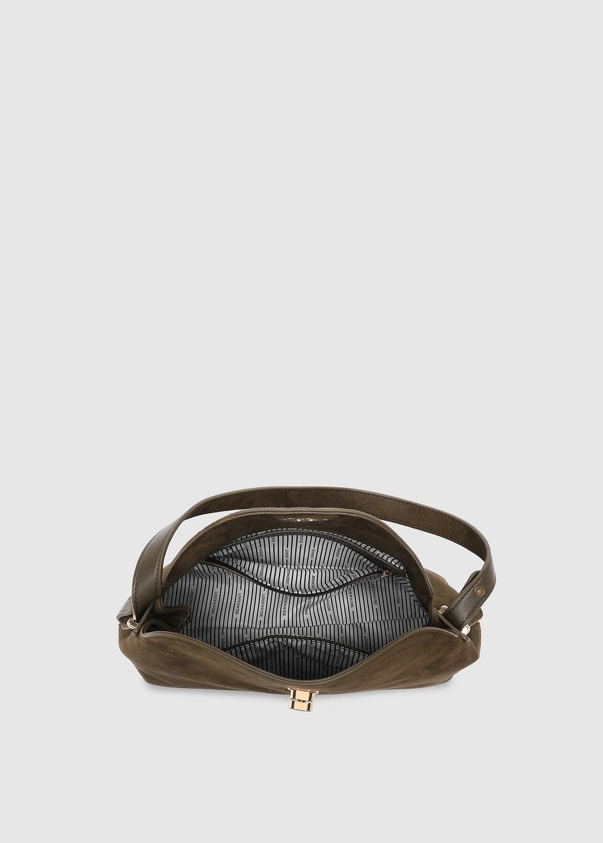 Brown leather crossbody bag on a light gray background