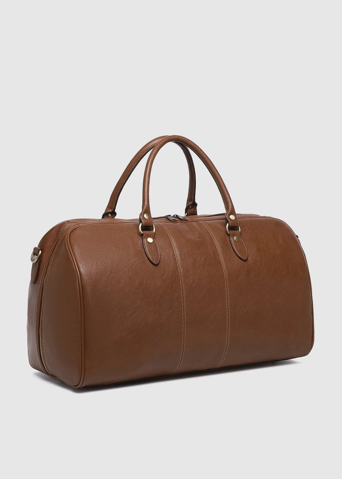 Brown leather duffel bag on a light gray background