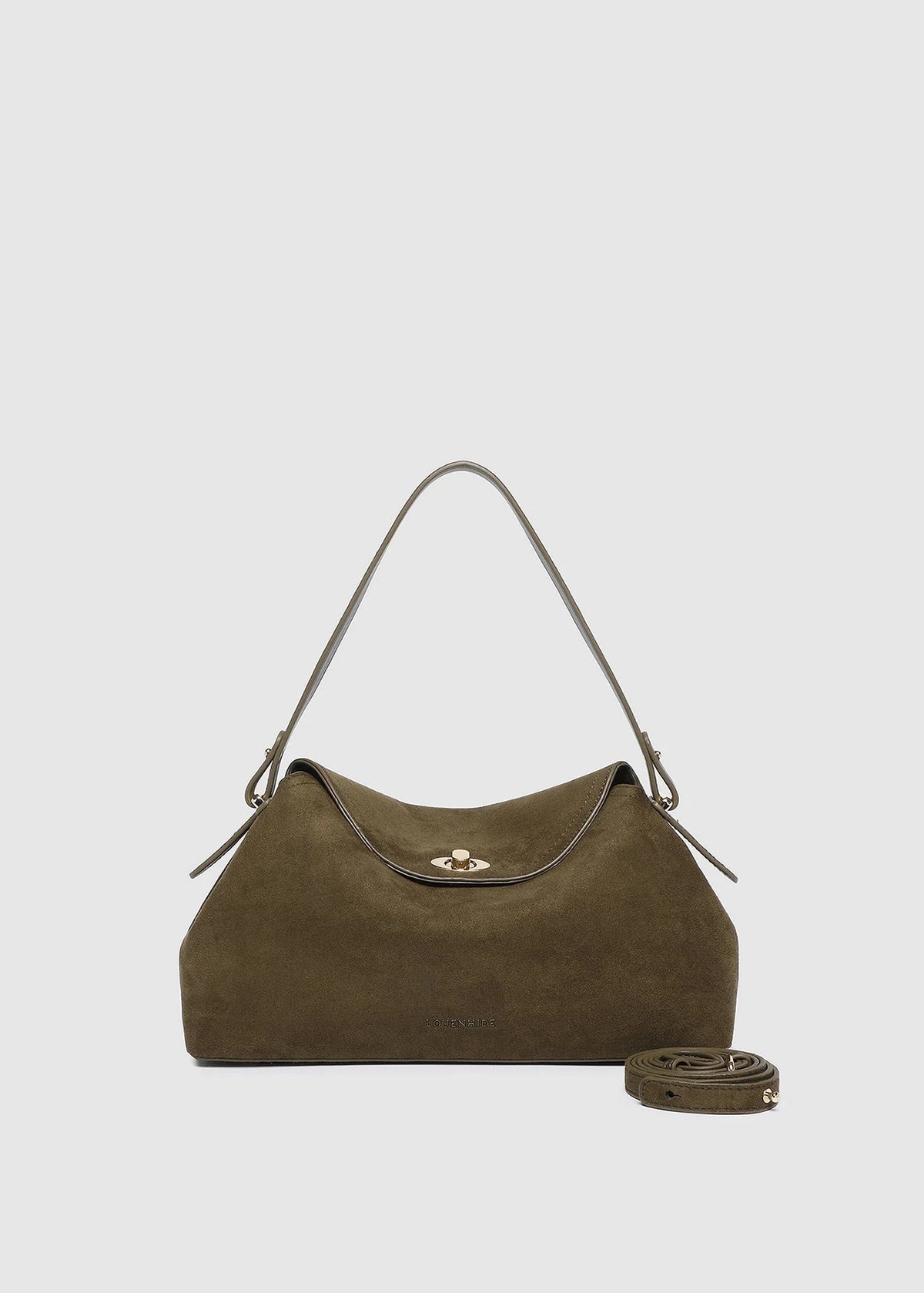 Green handbag with matching strap on a light gray background