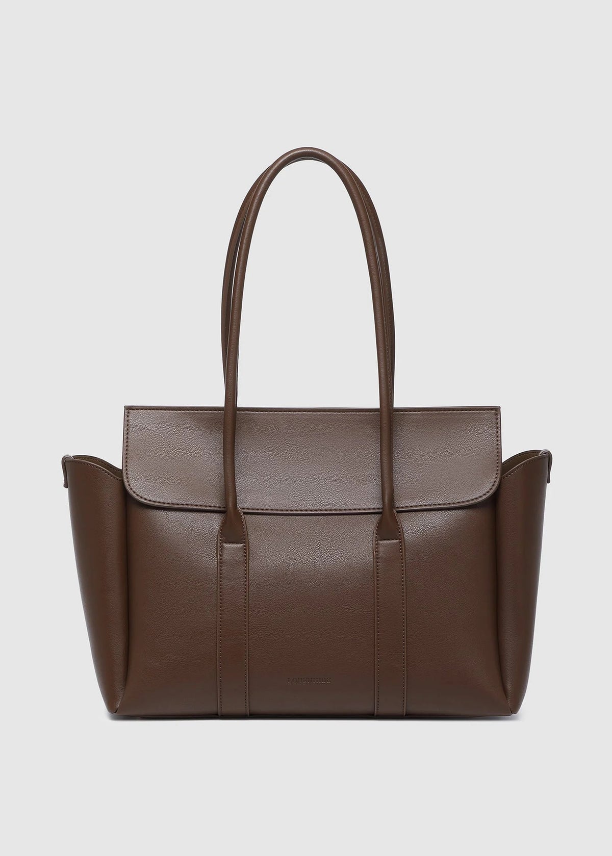 Brown leather handbag on a light gray background
